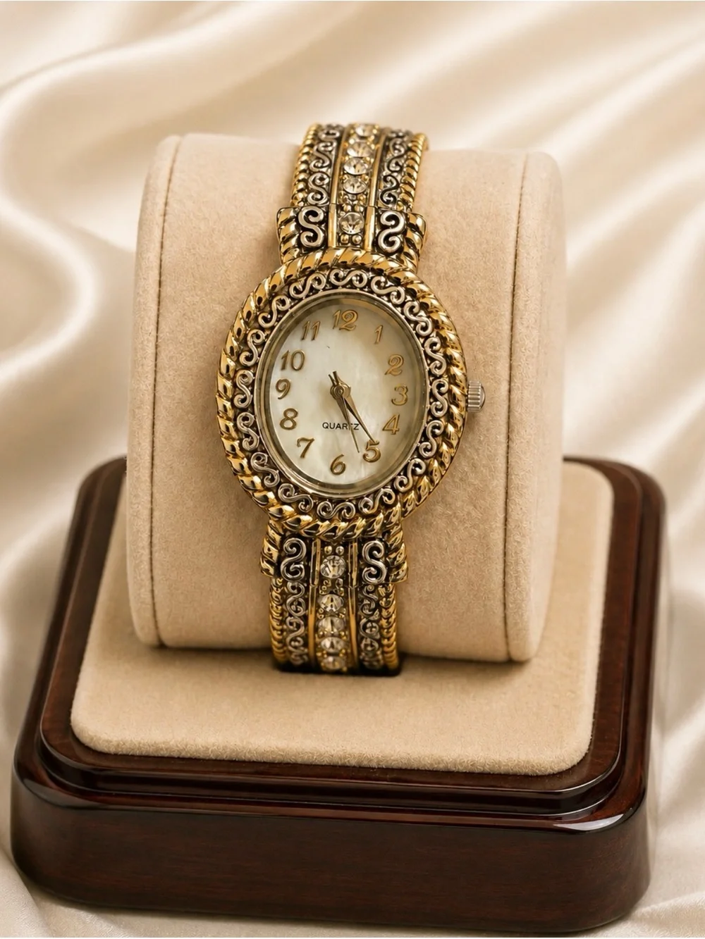 Watch Gold & Silver Tone Ornate Rhinestone Accent Quartz Link Bracelet